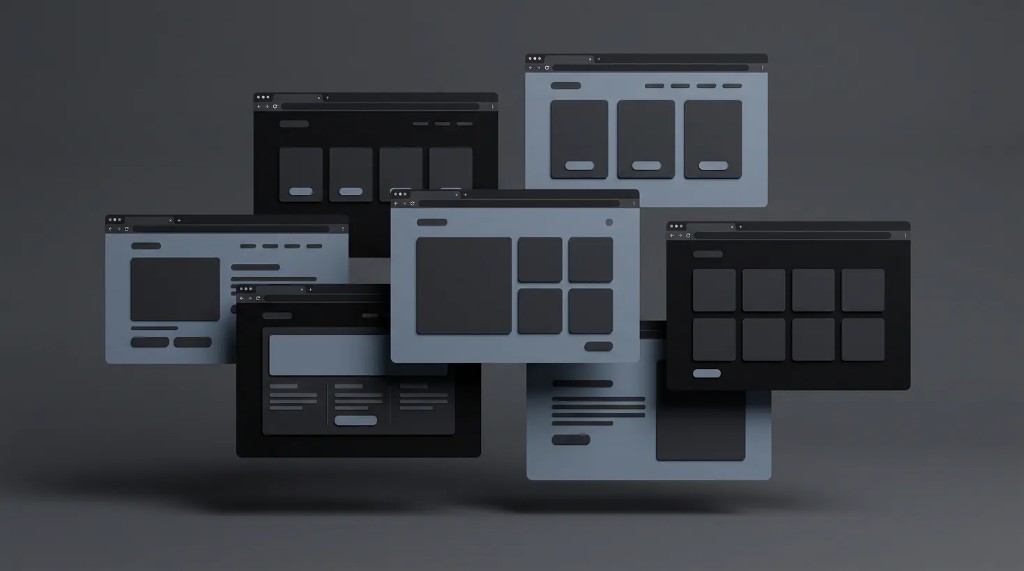 Floating 3D browser window mockups composed in Mocklup